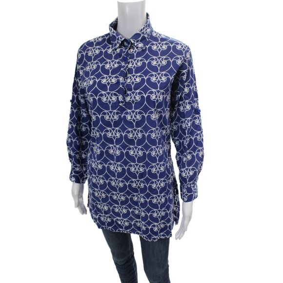 Three Islands Womens Cotton Printed Collar Long Sleeve Tunic Top Blue Size S - Picture 2 of 5
